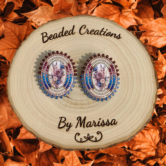 Mauve and Blue Wooden Cab Earrings