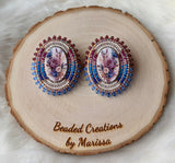 Mauve and Blue Wooden Floral Cab Earrings