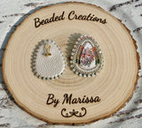 White Floral Wooden Cab Earrings