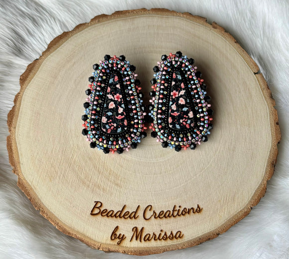 Black Floral Cab Earrings